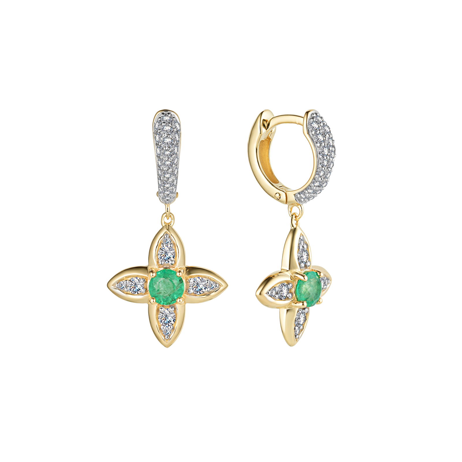 Золотые серьги-четырехлитники с изумрудами и бриллиантами 