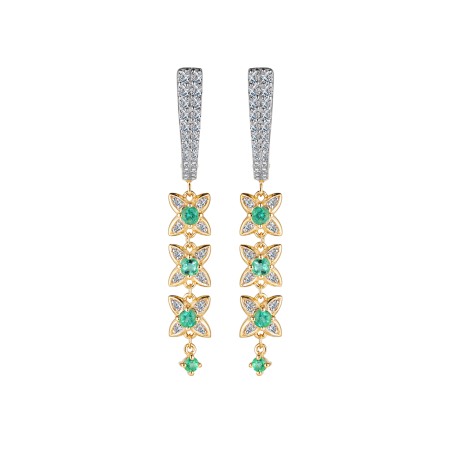 Золотые серьги-четырехлитники с изумрудами и бриллиантами 