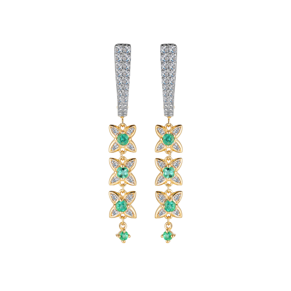 Золотые серьги-четырехлитники с изумрудами и бриллиантами 